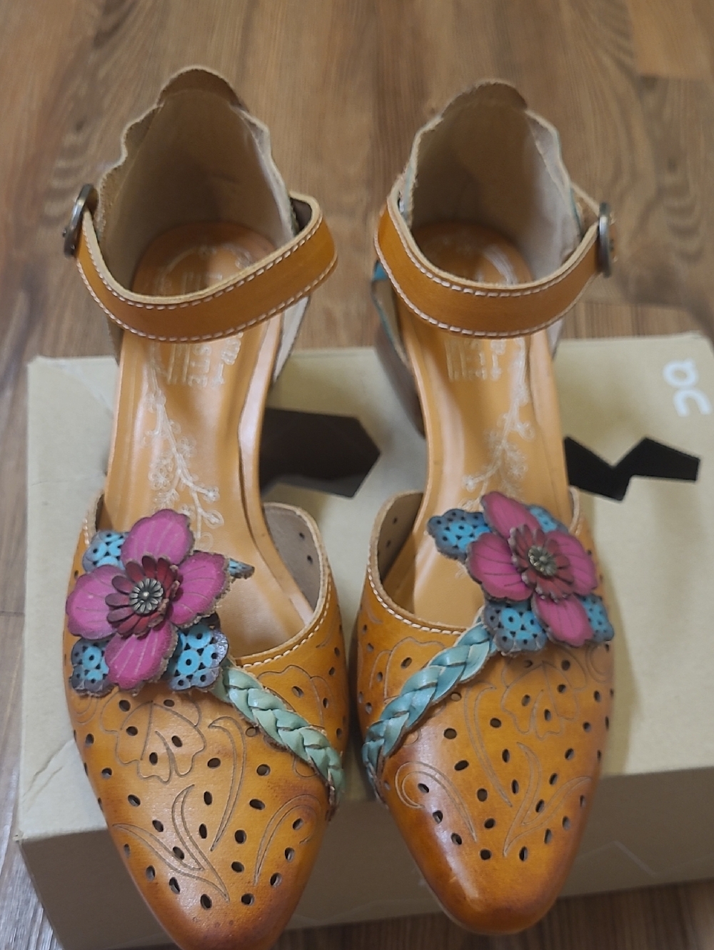 L'ATISTE Tan Leather Ankle-Strap Heels with Pink and Teal Floral Accents